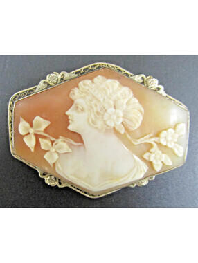 Antique Victorian White Gold Filigree Hexagon Portrait Shell Cameo Brooch